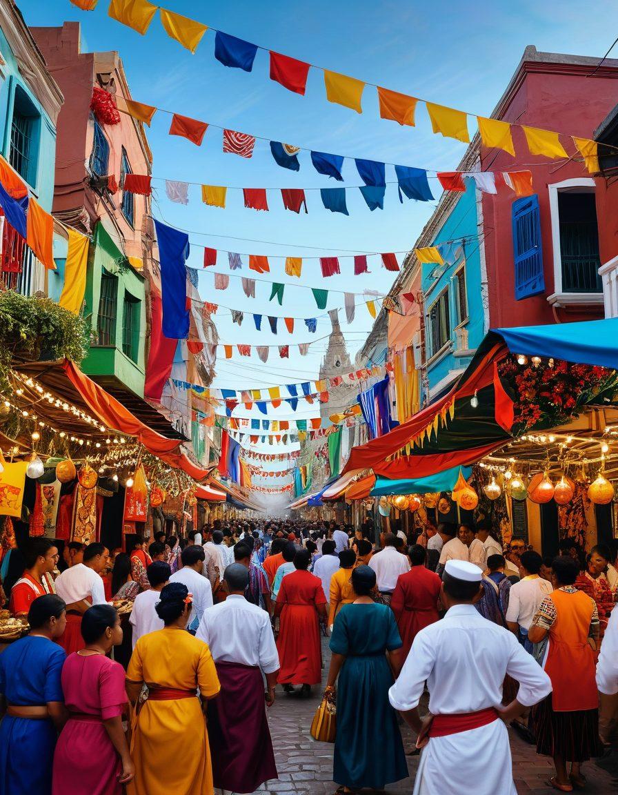 A vibrant street festival scene showcasing diverse Blatino cultures with colorful decorations, traditional attire, and lively dancing. Capture moments of connection among people enjoying food, music, and joyous expressions, set against a backdrop of iconic global landmarks symbolizing unity. Include elements like flags, food stalls, and vibrant murals that highlight cultural richness. surrealistic style. vibrant colors. 3D.