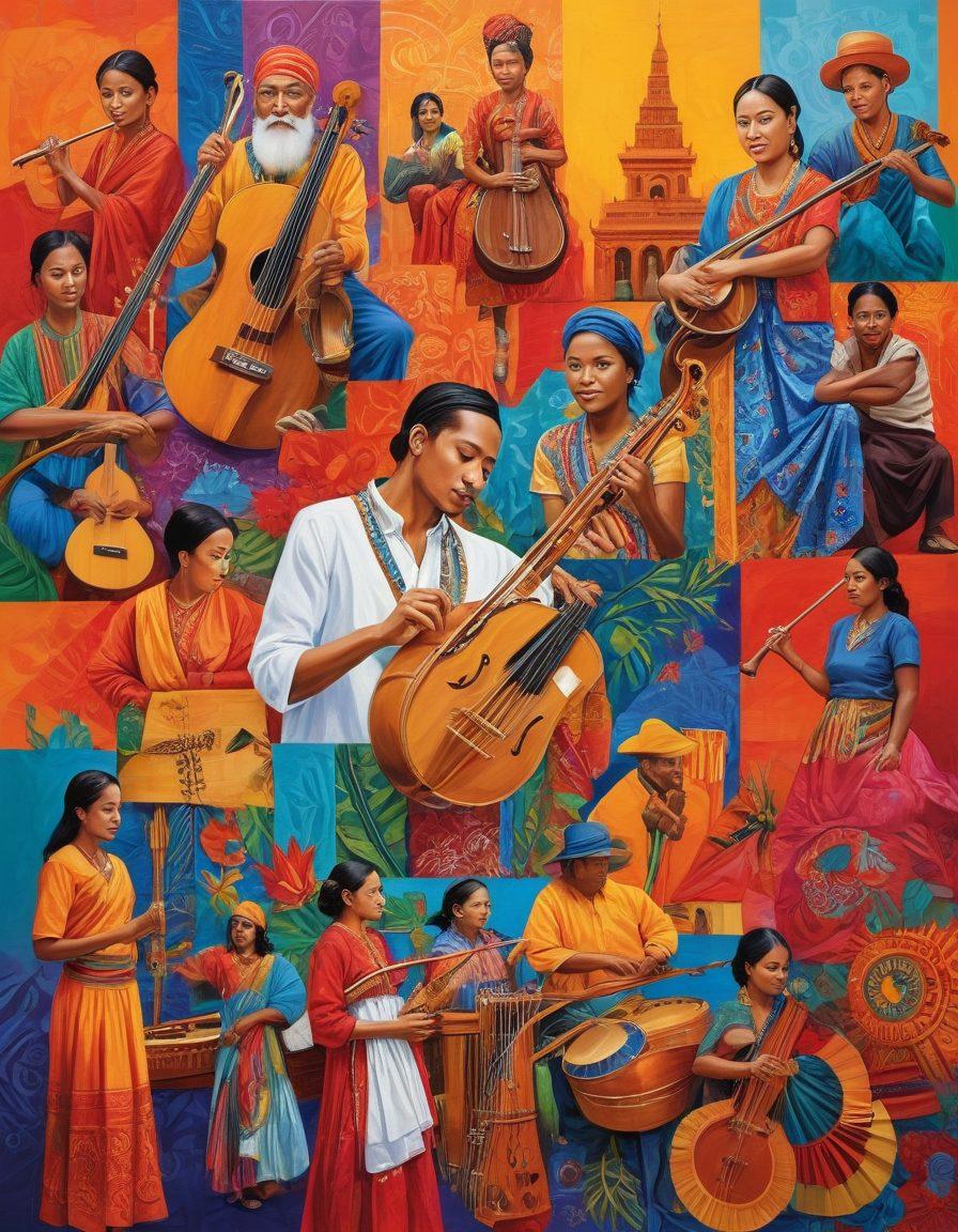 A vibrant collage representing Blatino culture, showcasing traditional elements like colorful textiles and musical instruments intertwined with modern symbols like urban art and technology. Include diverse individuals engaging in community activities, with a backdrop of global landmarks to symbolize cultural influence. Emphasize unity and harmony among traditions and modernity. vivid colors. dynamic composition. contemporary art.