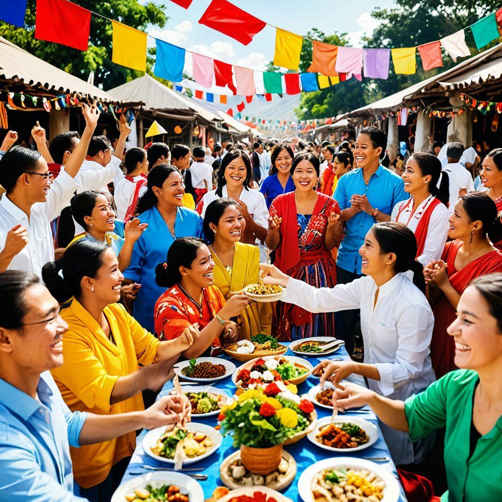 A vibrant collage representing Blatino culture, showcasing traditional clothing, symbols of heritage, and joyful community gatherings. Include elements such as colorful flags, delicious cultural dishes, and people of diverse backgrounds celebrating together in a festive atmosphere. Bright, warm colors to evoke a sense of unity and joy, with a subtle world map backdrop to highlight the global perspective. vibrant colors. super-realistic.